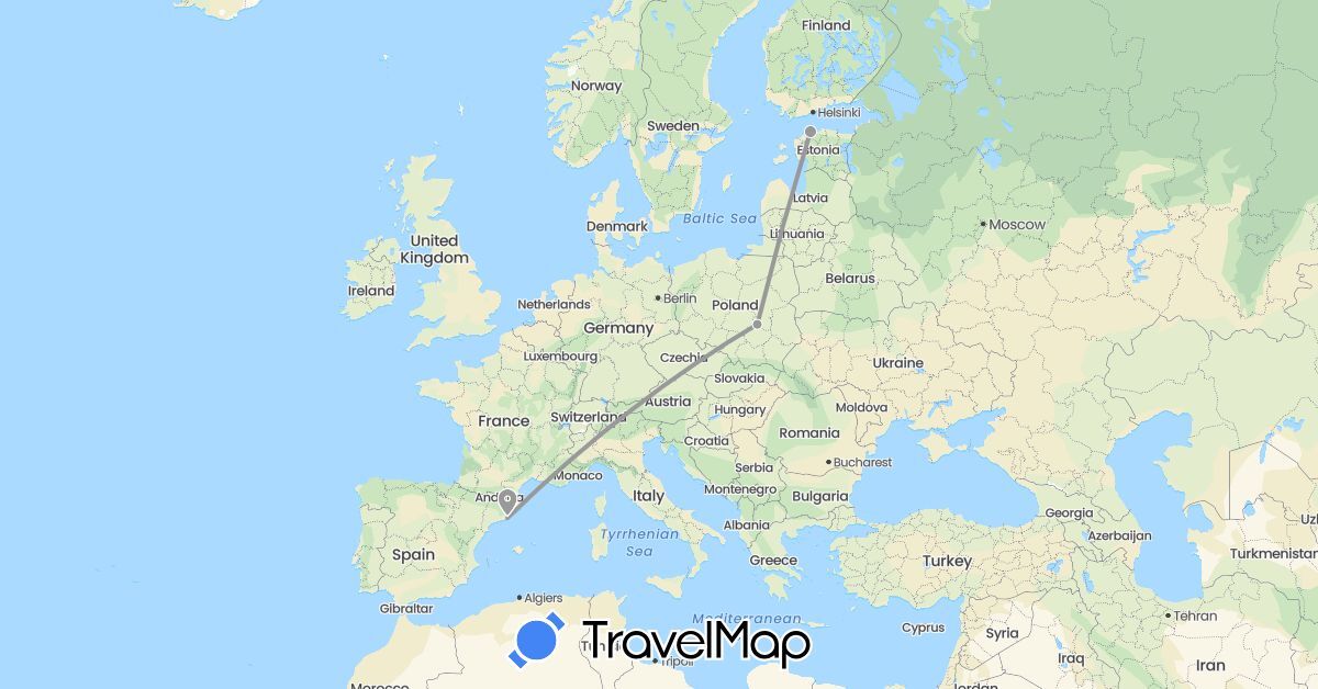 TravelMap itinerary: driving, plane in Estonia, Spain, Poland (Europe)